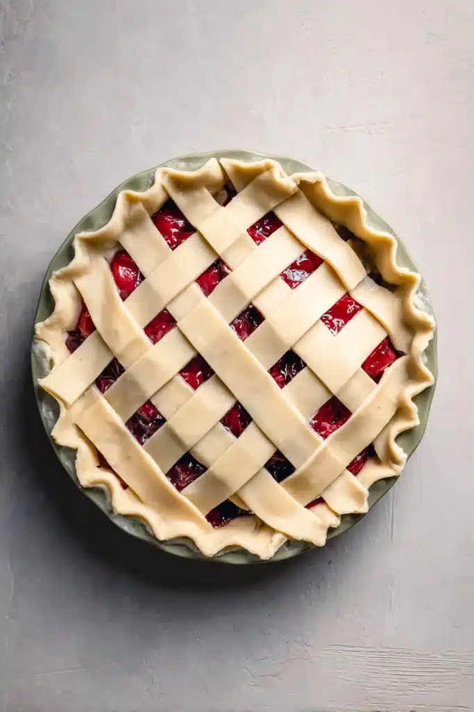 The best Cherry Pie photographed from above, showcasing a golden flaky lattice crust and rich glossy cherry filling. This cozy homemade cherry pie captures classic comfort and irresistible texture.