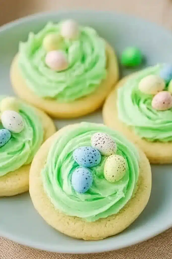 The best easter Sugar Cookies with green buttercream nests and pastel candy eggs