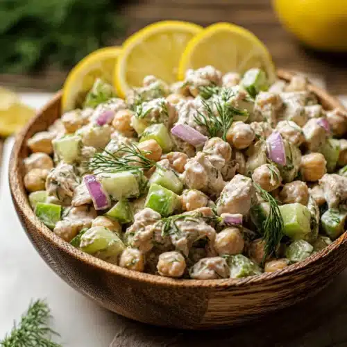 Tuna Garbanzo Bean Salad Recipe 4 Tuna garbanzo bean salad with chickpeas, celery, and herbs in a bowl