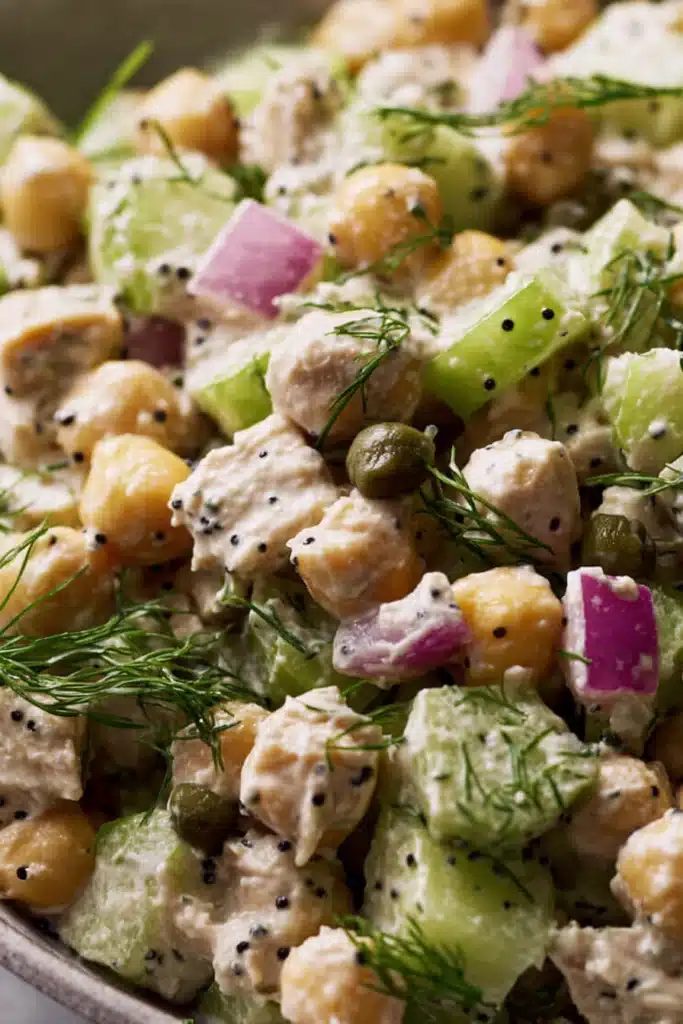 Tuna Garbanzo Bean Salad Recipe 2 Tuna Garbanzo Bean Salad close-up with chickpeas, tuna, and herbs
