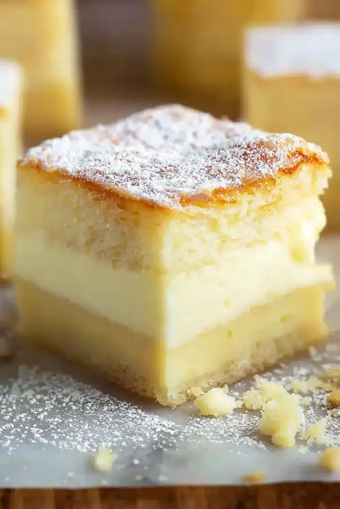 Vanilla Magic Custard Cake slice showing three creamy layers