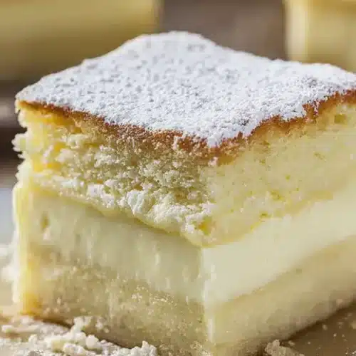Vanilla magic custard cake slice with three layers and powdered sugar
