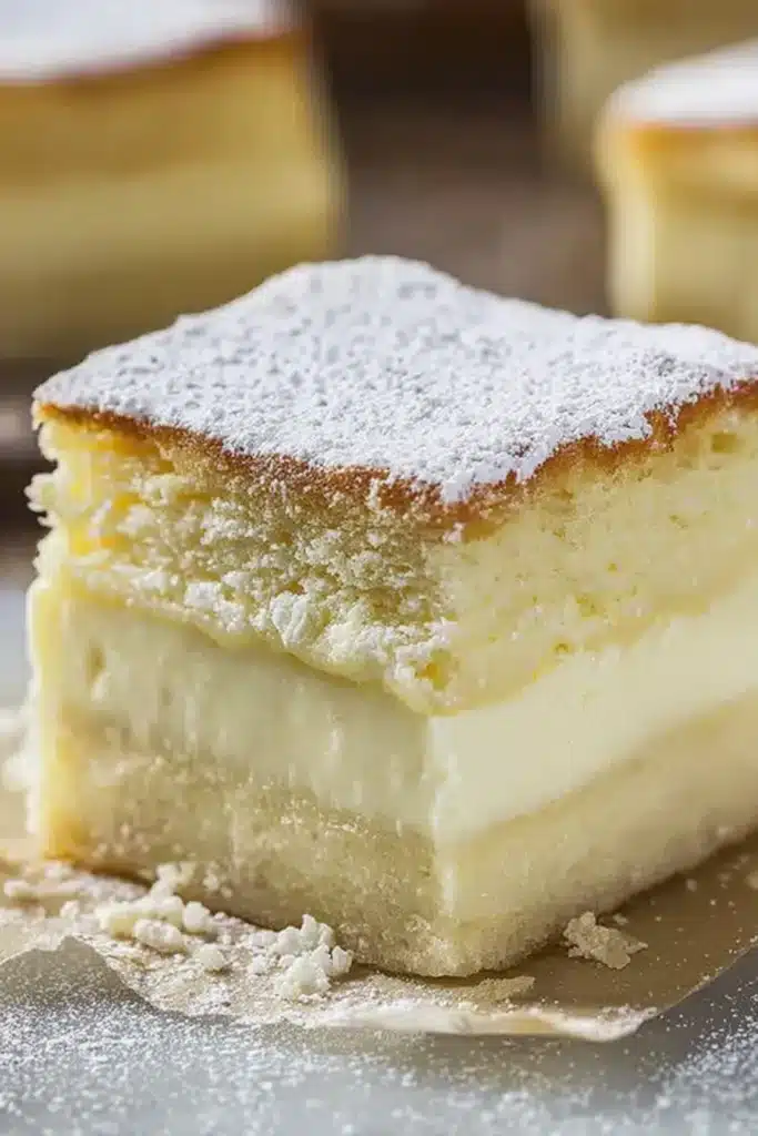 Vanilla magic custard cake slice with three layers and powdered sugar