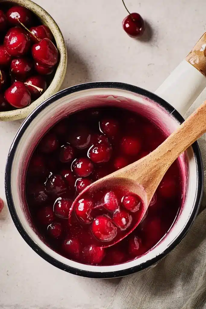 Viral Cherry Vanilla Latte That Tastes Amazing and Easy 3 Viral Cherry Vanilla Latte homemade cherry syrup simmering in saucepan