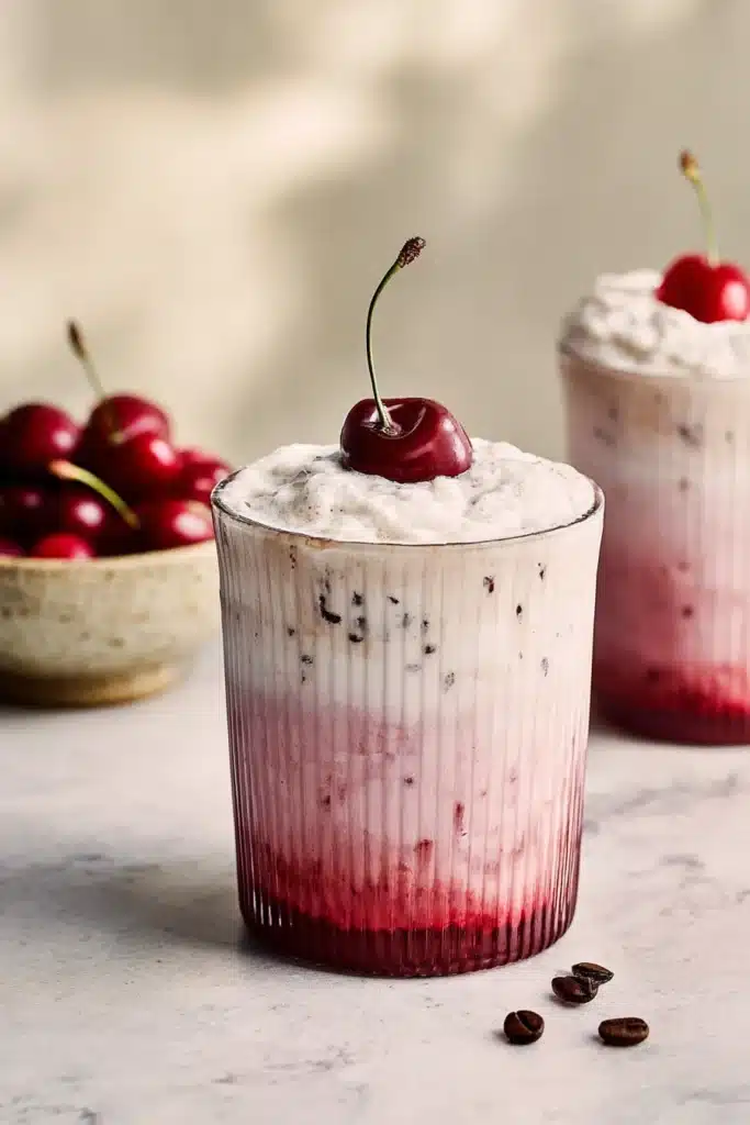 Viral Cherry Vanilla Latte That Tastes Amazing and Easy 2 Viral Cherry Vanilla Latte with pink cherry milk and whipped foam topping