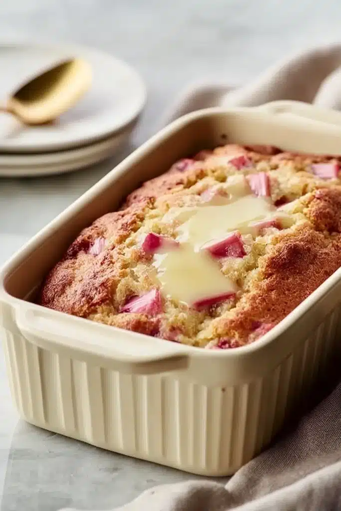 Warm Rhubarb Cake 2 Warm Rhubarb Cake baked in ceramic dish with butter sauce