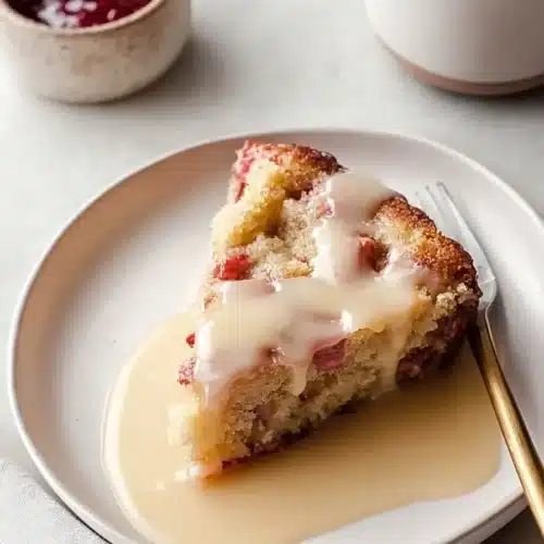 Warm Rhubarb Cake 3 Slice of warm rhubarb cake with butter sauce on ceramic plate