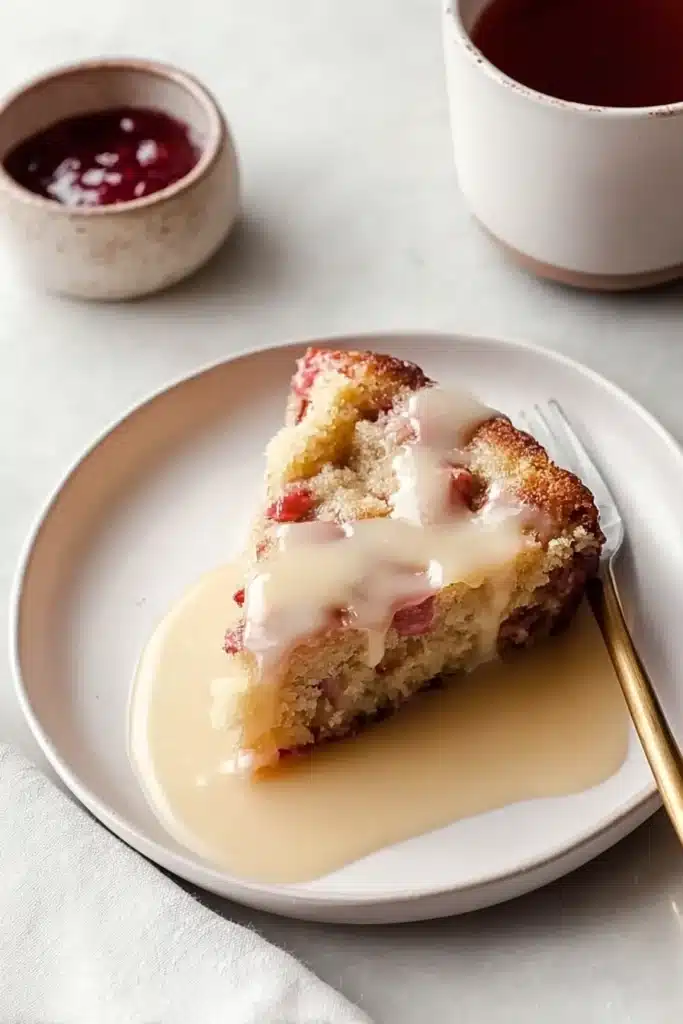 Warm Rhubarb Cake 1 Slice of warm rhubarb cake with butter sauce on ceramic plate