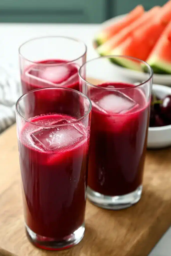 Three glasses of watermelon cherry beet juice with ice on marble surface
