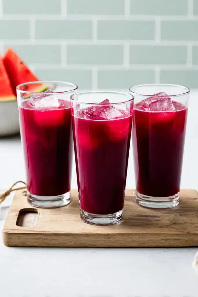 Three glasses of Watermelon Cherry Berry Beet Juice with ice on marble board