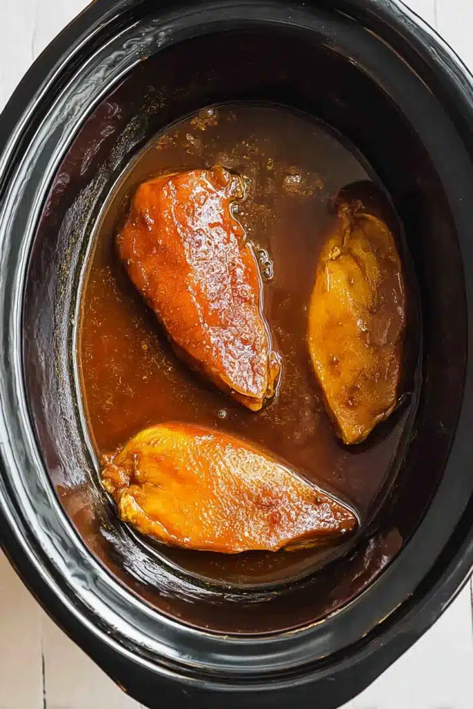 Crock pot teriyaki chicken cooking in slow cooker with chicken breasts in teriyaki sauce