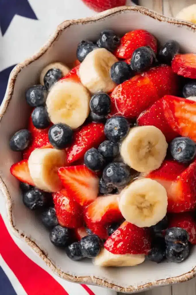 4th of July Fruit Salad 3 4th of July Fruit Salad close up with strawberries blueberries and bananas
