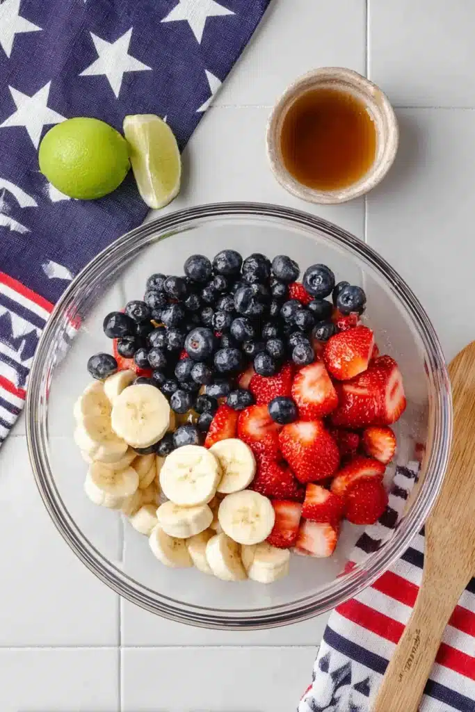 4th of July Fruit Salad 2 4th of July Fruit Salad ingredients strawberries blueberries bananas honey lime