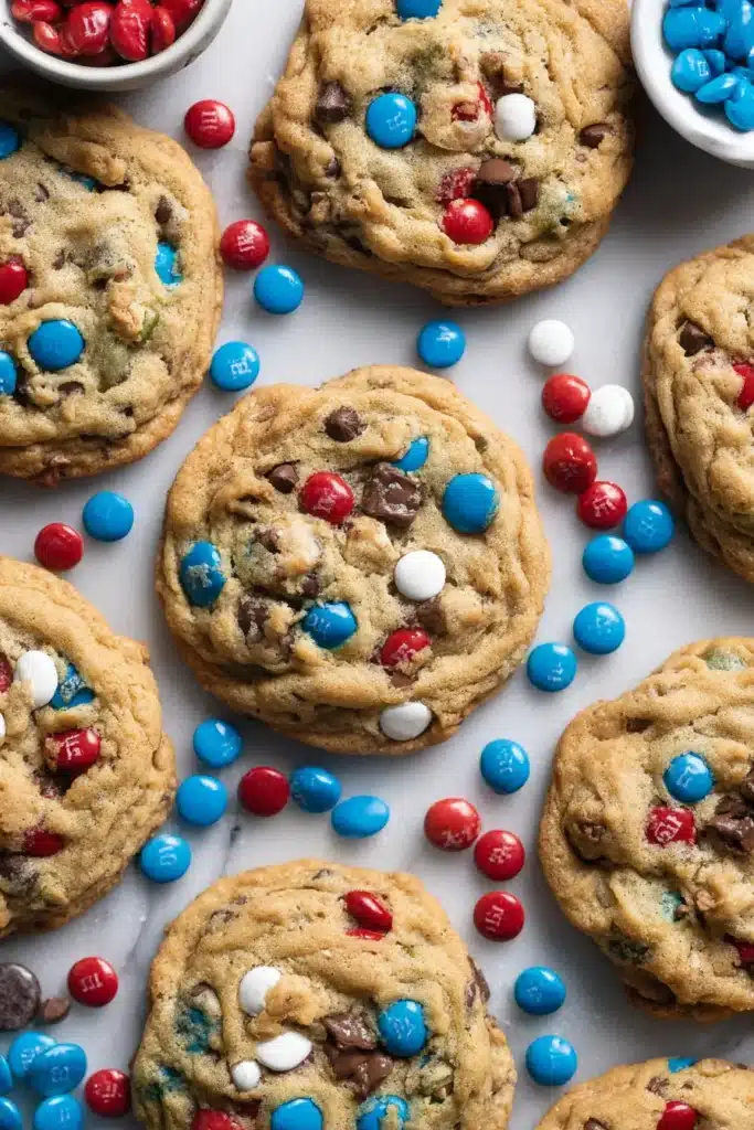 4th of July Monster Cookies with red white blue candies and chocolate chips