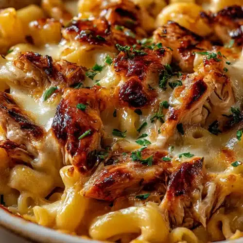 BBQ Chicken Mac and Cheese 3 BBQ chicken mac and cheese with creamy melted cheese and caramelized chicken in a bowl