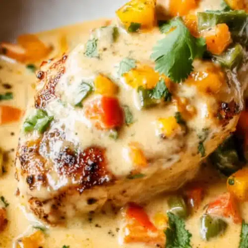 Baked queso chicken with creamy cheese sauce and peppers on a plate