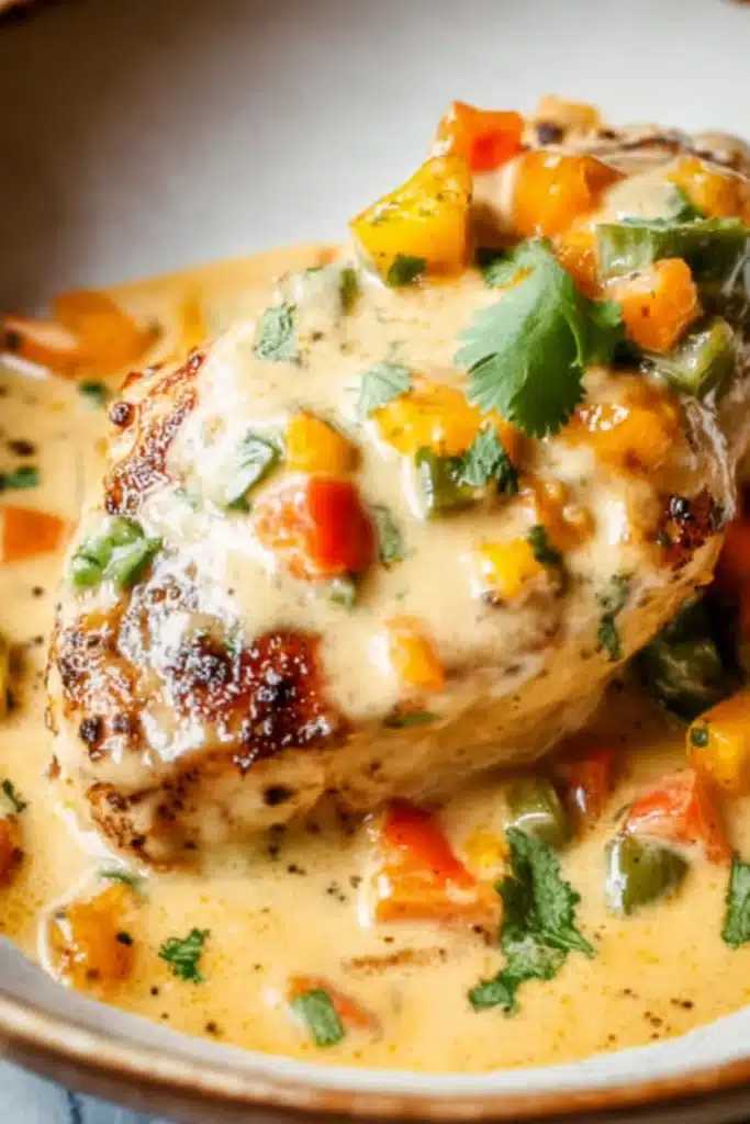 Baked queso chicken with creamy cheese sauce and peppers on a plate