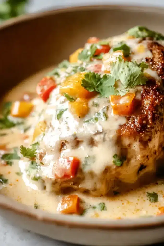Baked Queso Chicken with creamy cheese sauce and peppers in a bowl