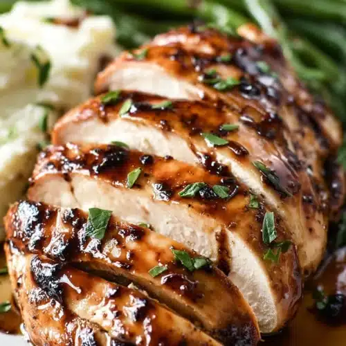 Balsamic baked chicken breast sliced with glossy glaze and herbs on plate