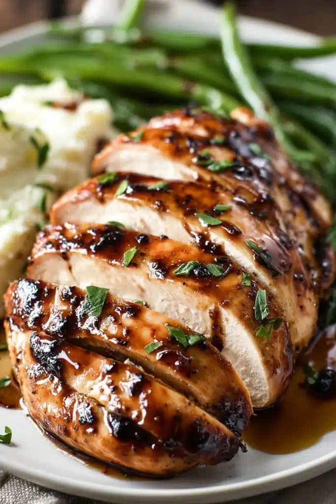Balsamic baked chicken breast sliced with glossy glaze and herbs on plate