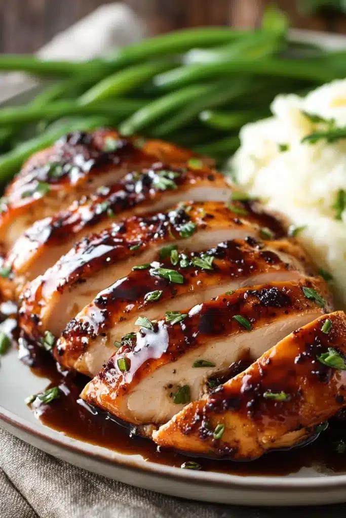 Balsamic Baked Chicken Breast sliced with glossy glaze and herbs