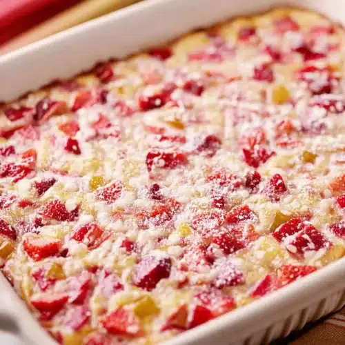 Strawberry rhubarb custard baked in a ceramic dish with golden top and powdered sugar