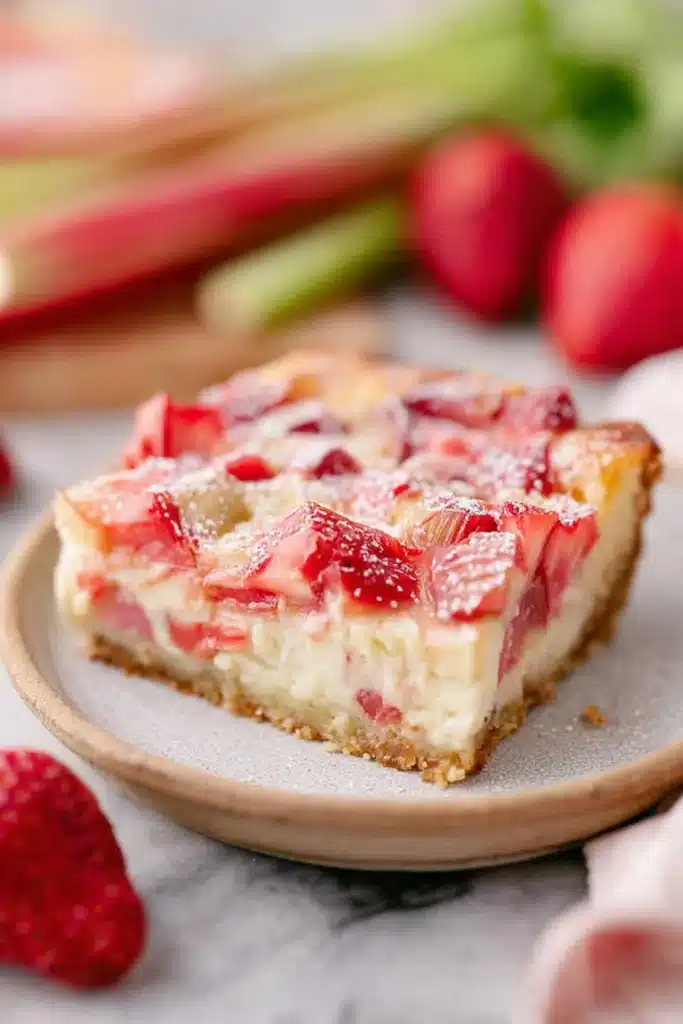 Best Strawberry Rhubarb Custard slice with creamy layers and fresh fruit topping