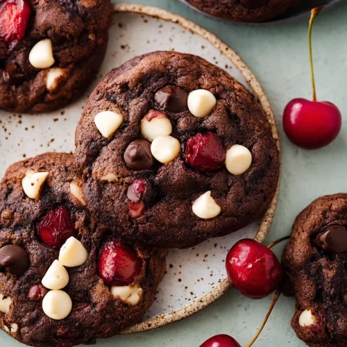 Black Forest cookies with chocolate chips and fresh cherries on a light surface