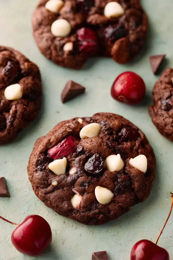 Black Forest Cookies with chocolate chips and cherries close up