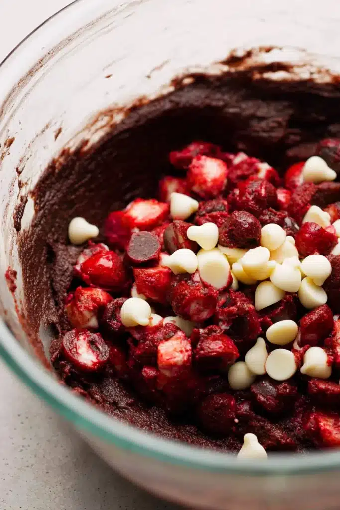 Black Forest Cookies dough with cherries and white chocolate chips in a bowl