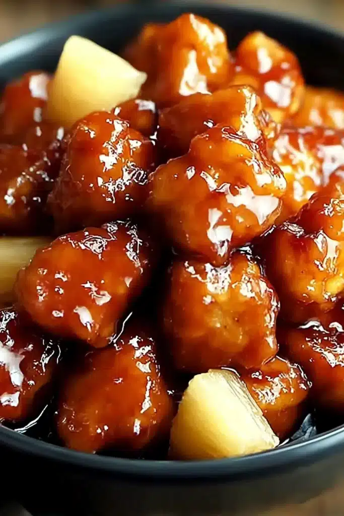 Brown Sugar Pineapple Chicken with glossy sticky sauce and pineapple chunks