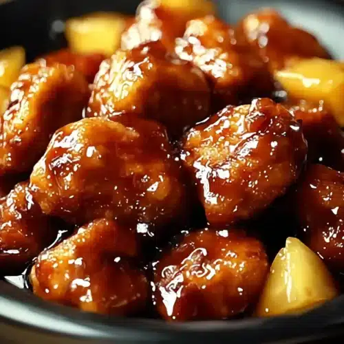 Brown sugar pineapple chicken with glossy sauce and juicy pineapple chunks