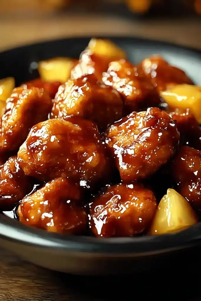 Brown sugar pineapple chicken with glossy sauce and juicy pineapple chunks