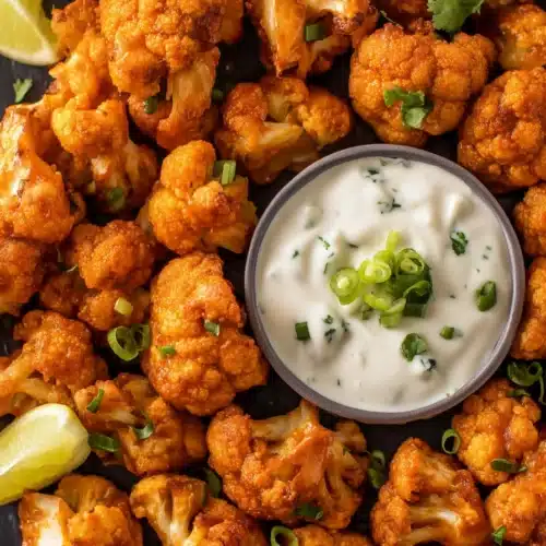 Crispy buffalo cauliflower bites with creamy dip and herbs on dark plate