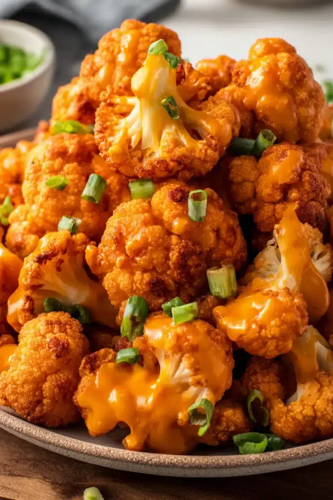 Crispy buffalo cauliflower bites with green onions on plate