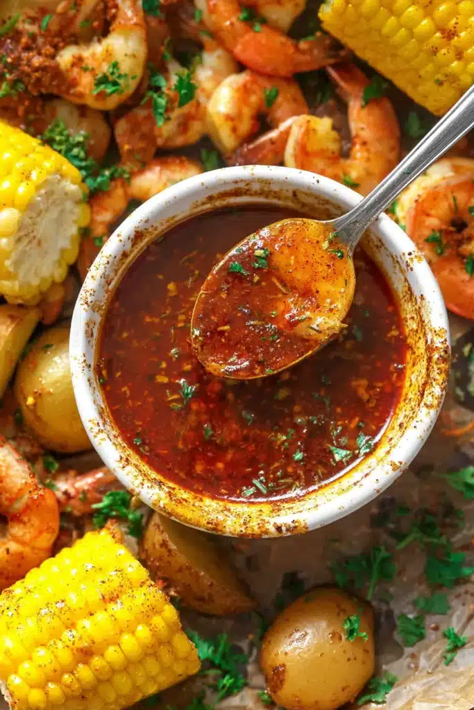 Cajun Garlic Butter Sauce served with shrimp corn and potatoes