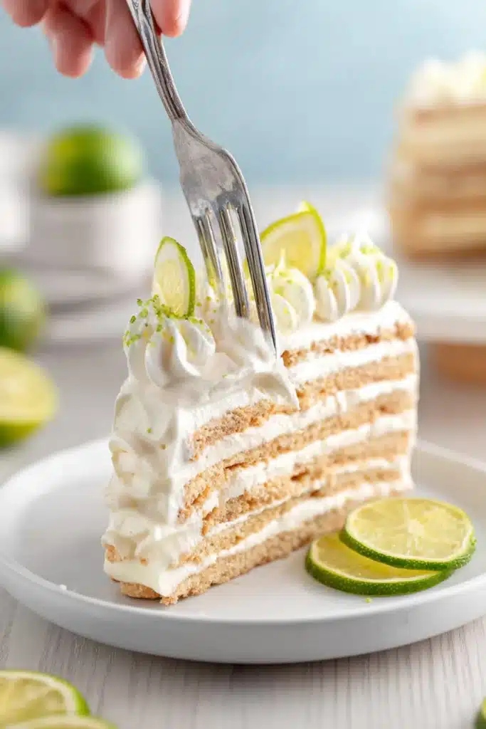 Carlota de Limón – Easy No-Bake Cinco de Mayo Dessert 3 Carlota de Limón slice with creamy layers and lime topping on plate
