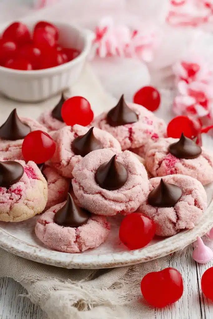 Cherry Blossom Cookies Recipe: Soft, Buttery, and Irresistible 1 Cherry blossom cookies with chocolate centers and cherries on a plate