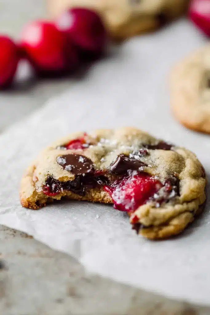 Bitten Cherry Chocolate Chip Cookies showing gooey center and melted chocolate