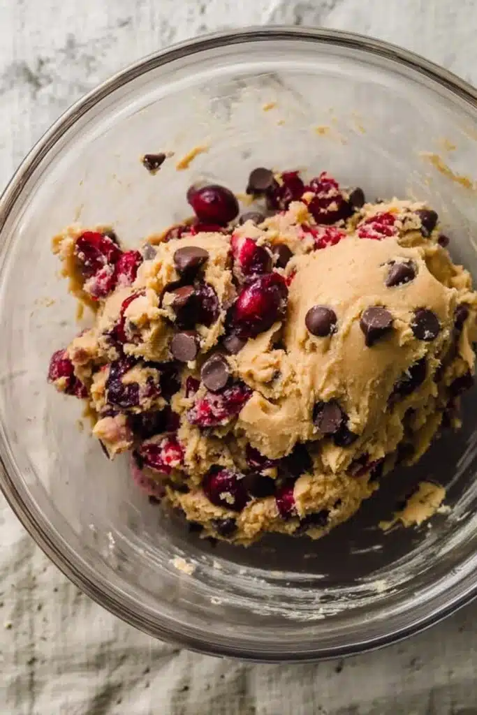 Cherry Chocolate Chip Cookies dough with cherries and chocolate chips in mixing bowl