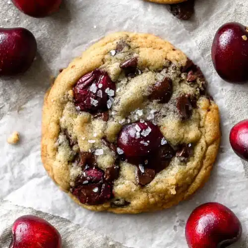 Cherry chocolate chip cookies with melted chocolate and fresh cherries on a rustic surface