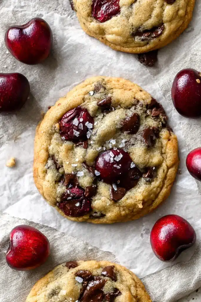 Cherry chocolate chip cookies with melted chocolate and fresh cherries on a rustic surface