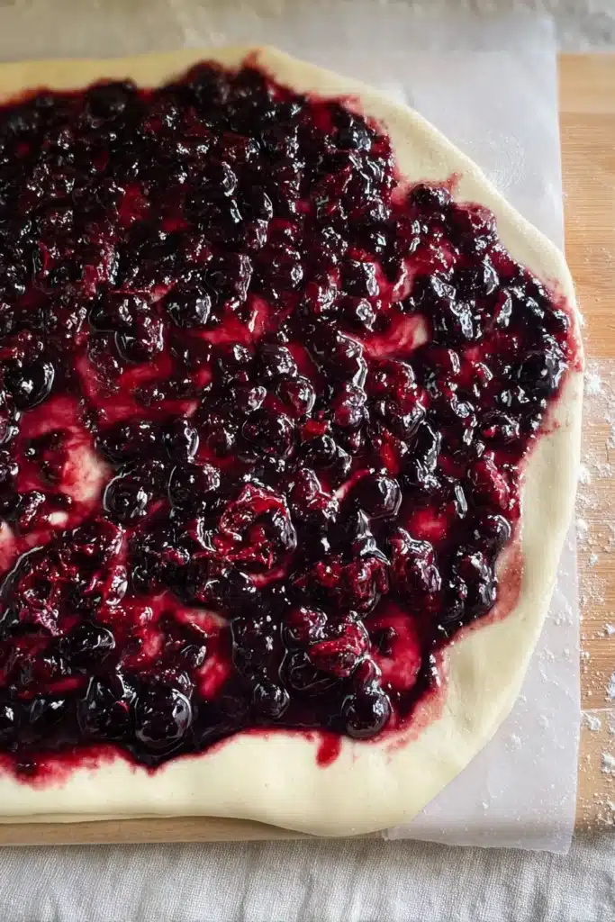 Cherry cinnamon rolls dough with cherry filling spread evenly