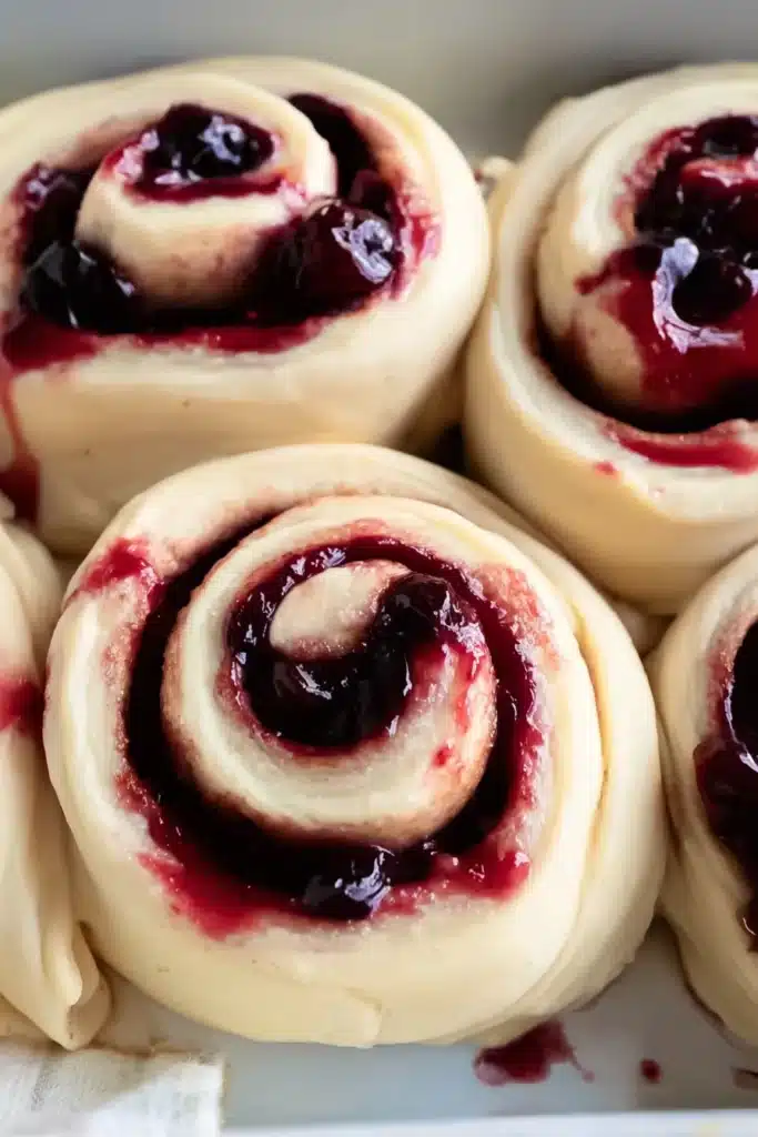 Cherry cinnamon rolls dough with cherry filling before baking