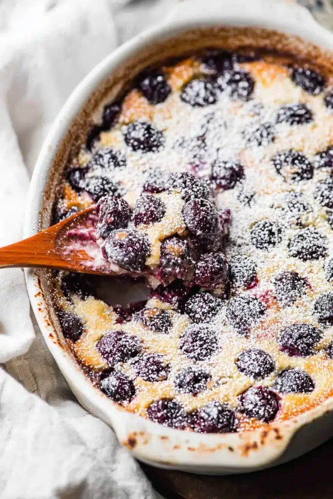 Cherry Clafoutis Recipe: Easy, Custardy French Dessert 1 Cherry clafoutis with powdered sugar and juicy cherries in a rustic baking dish