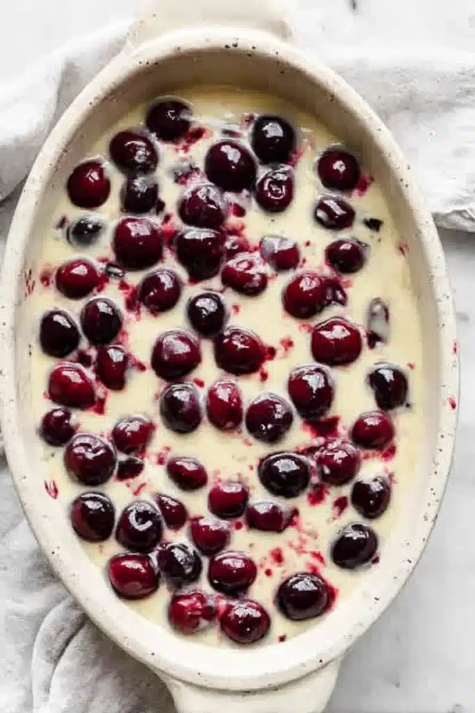 Cherry Clafoutis Recipe: Easy, Custardy French Dessert 2 Cherry Clafoutis batter with fresh cherries in baking dish before baking