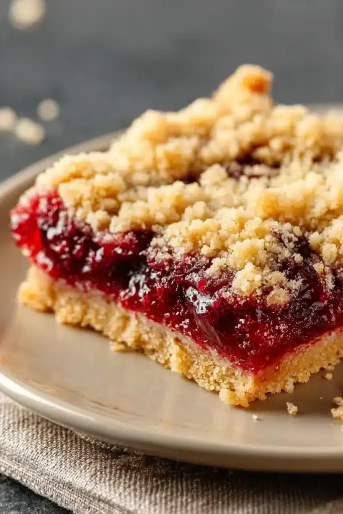 Cherry crumble bars with buttery crust and juicy cherry filling on a plate