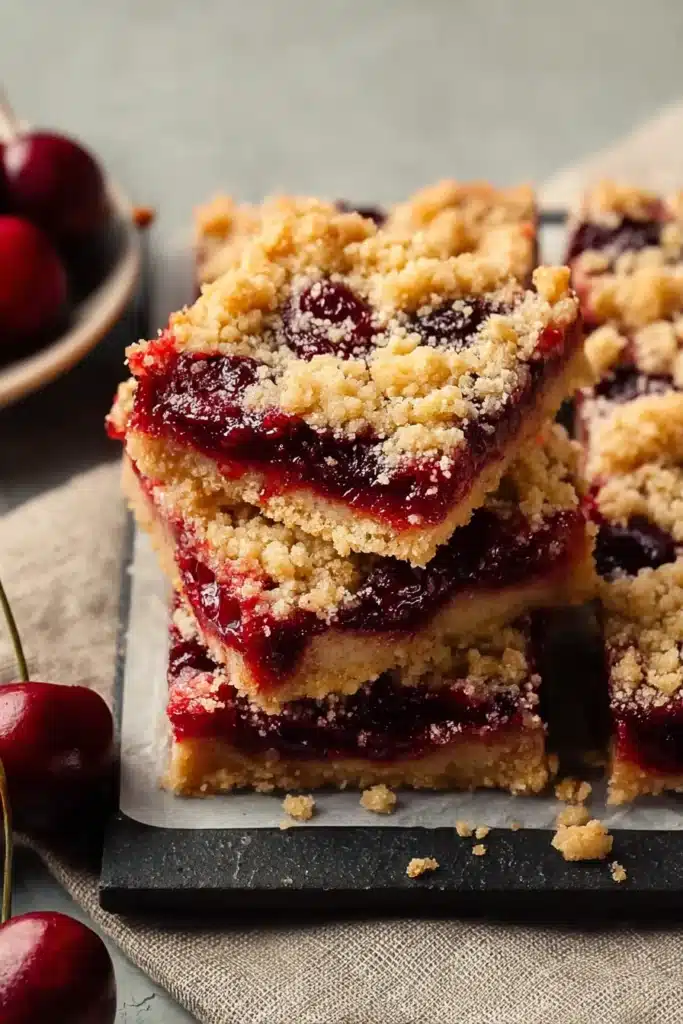 Cherry Crumble Bars with buttery crust and juicy cherry filling in baking dish