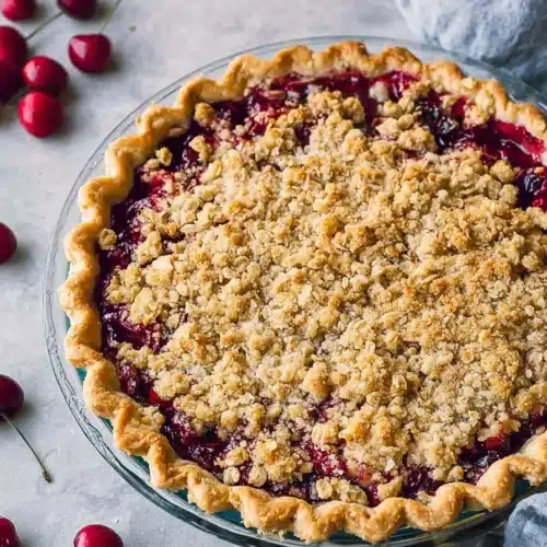 Cherry Crumble Pie 4 Cherry crumble pie with golden oat topping and juicy cherry filling in a rustic pie dish