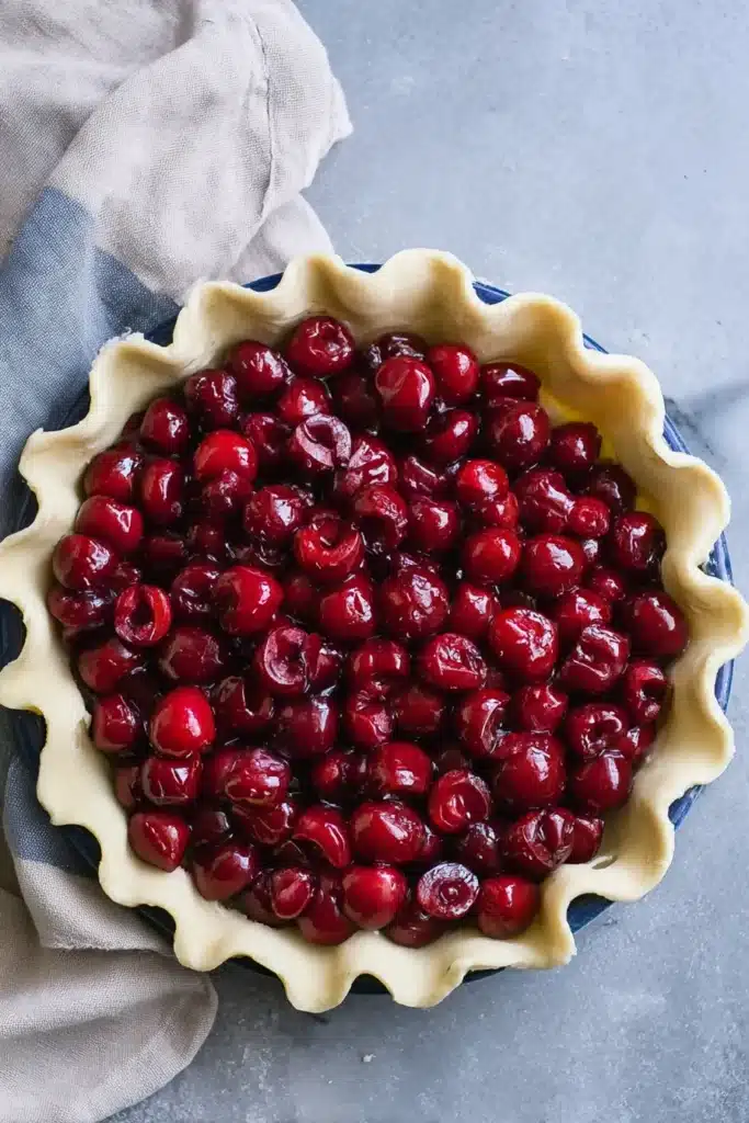 Cherry Crumble Pie 2 Cherry Crumble Pie filling with fresh cherries in pie crust before baking